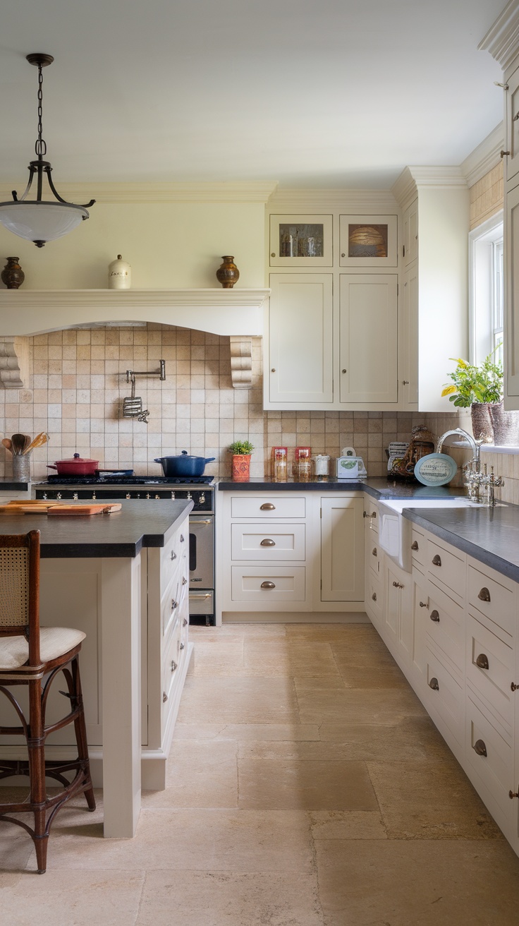 A classic white shaker style kitchen with a beige tile backsplash and dark countertops.