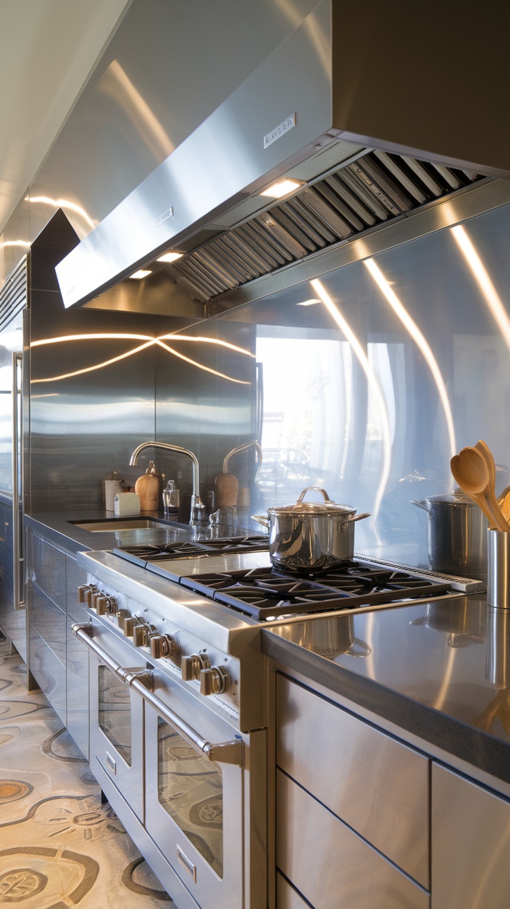 A modern kitchen with glossy glass panels as backsplash, stainless steel appliances, and a pot on the stove.
