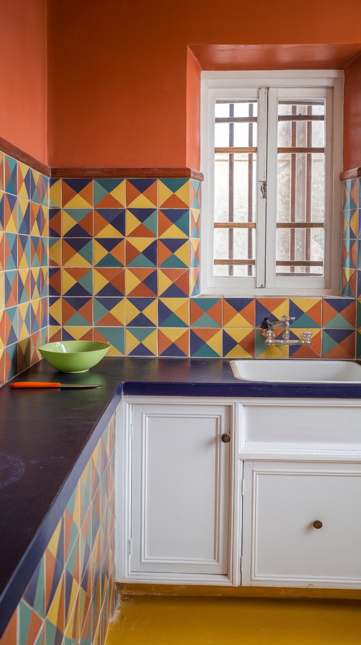 A kitchen featuring bold geometric patterned tiles in vibrant colors, with white cabinetry and a colorful countertop.