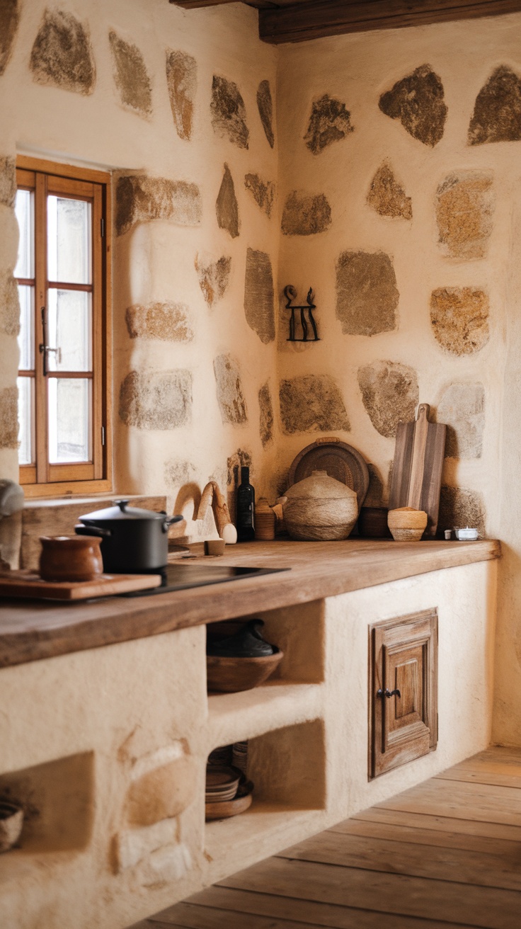 A kitchen with natural stone walls and wooden accents, showcasing a cozy and rustic design.