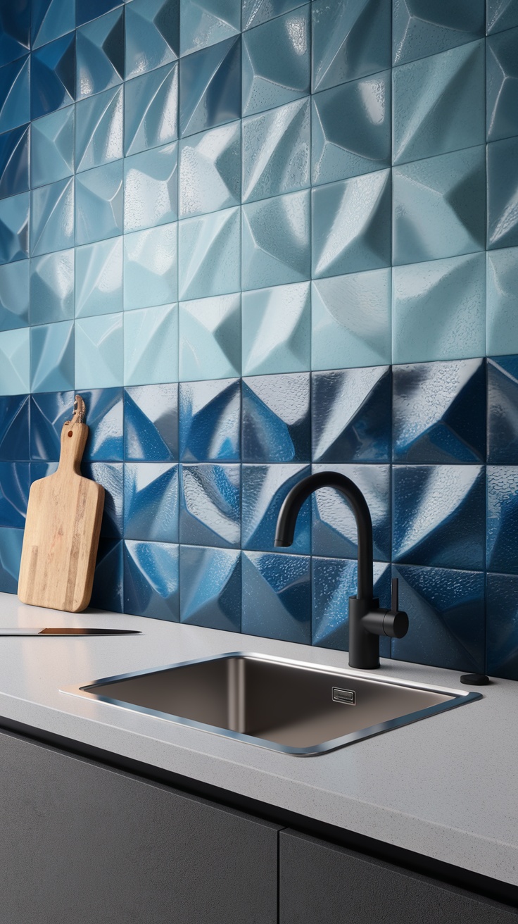 Textured 3D backsplash tiles in shades of blue and black next to a sink and cutting board.