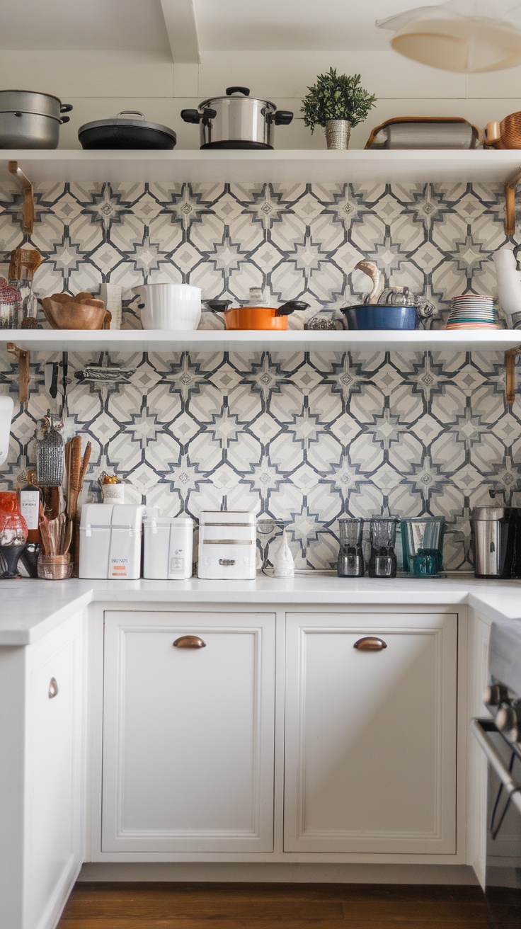 A kitchen featuring open shelving with decorative items and a patterned backsplash.