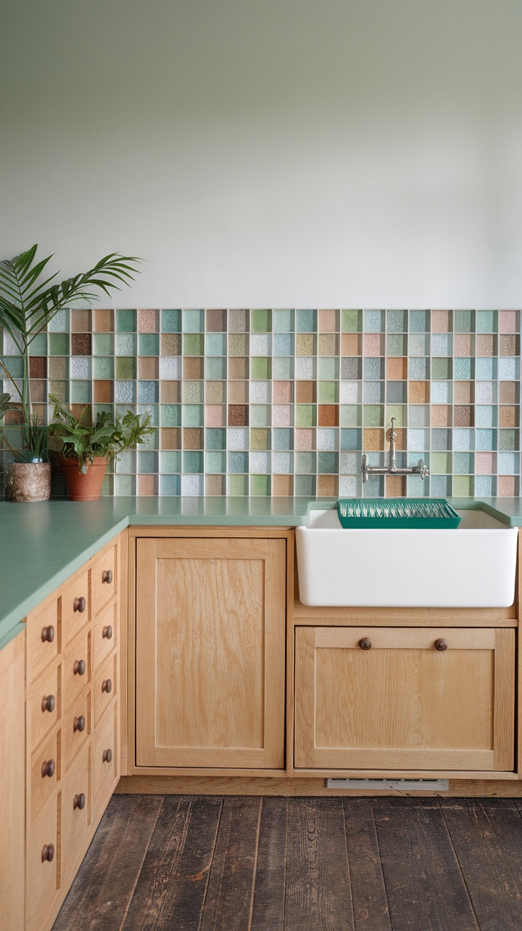 Eco-friendly kitchen backsplash made of recycled materials with a mix of colors.