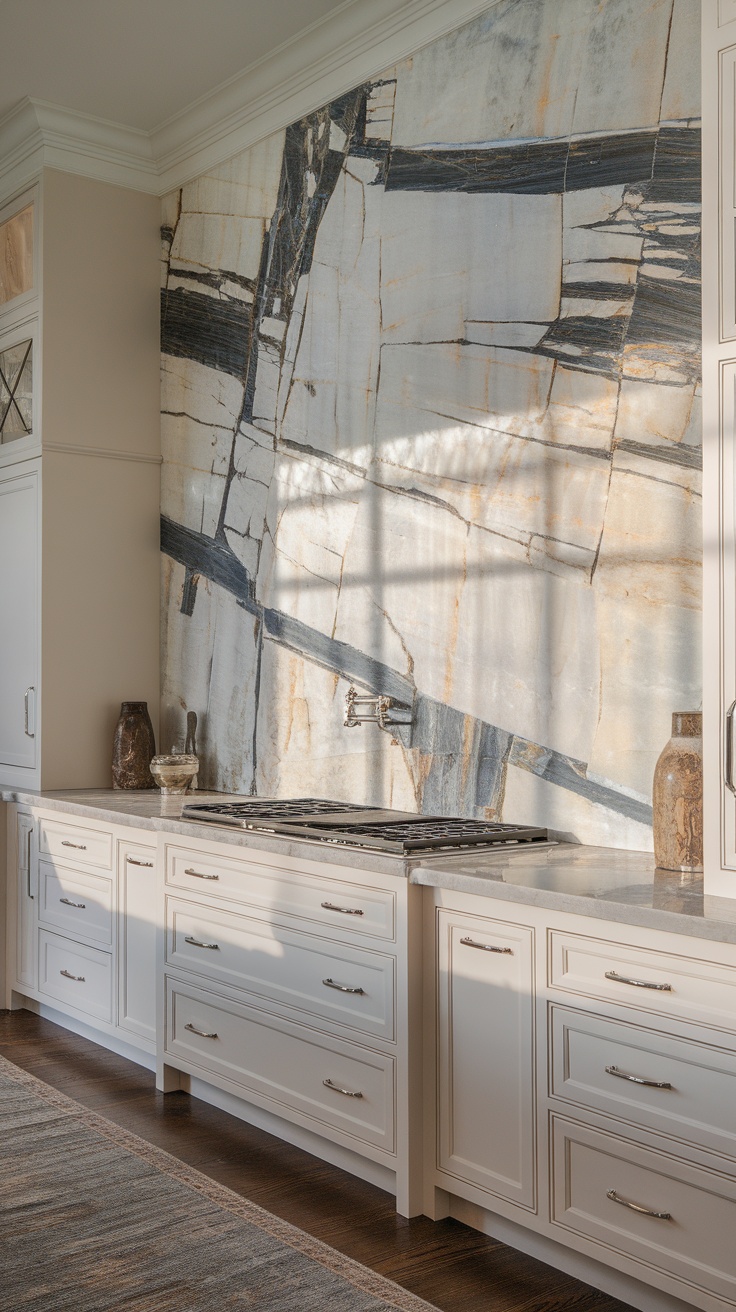 Elegant marble slab kitchen backsplash with light and dark patterns