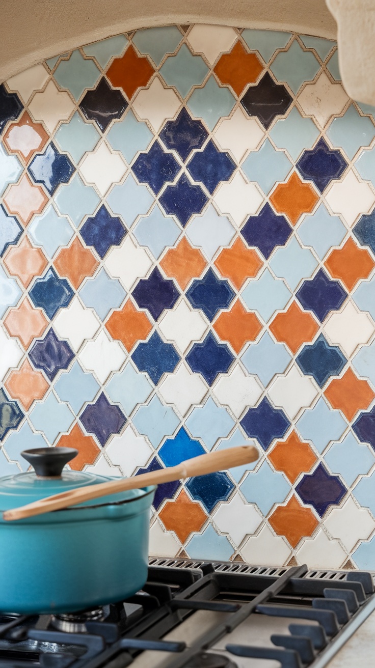 Colorful Zellige tile backsplash in a kitchen with a pot on the stove.