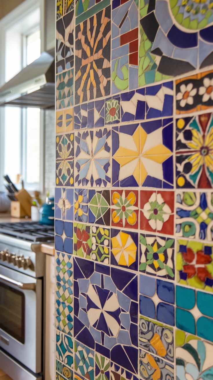 A colorful mosaic kitchen backsplash featuring various patterns and colors.