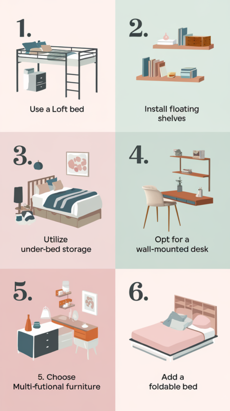 Infographic featuring 6 practical space-saving tips for small guest bedrooms with helpful illustrations
