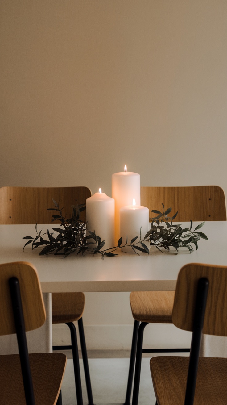 Minimalist dining table centerpiece with candles and greenery