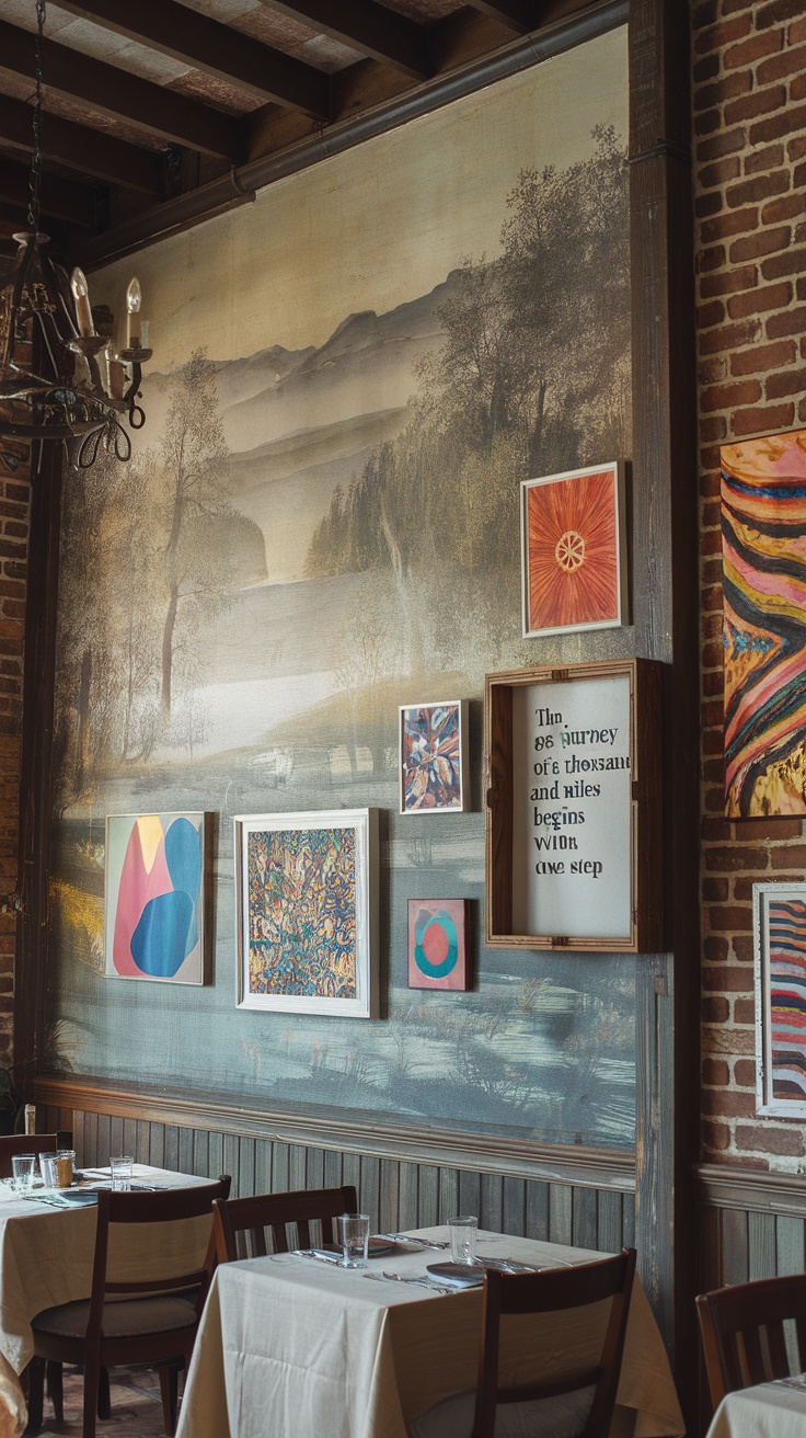 Wall art display in a dining area featuring various framed artworks and an inviting atmosphere.