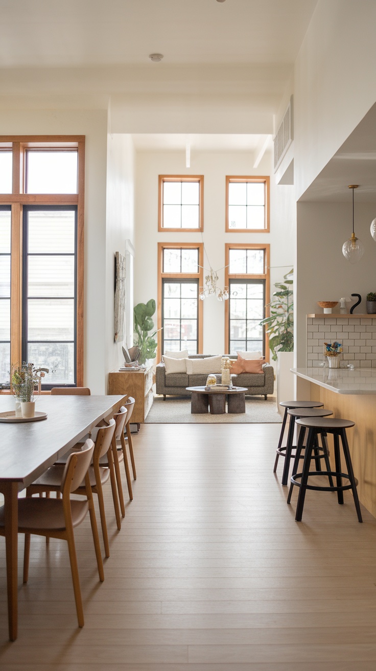 Bright, open dining area connected to a modern living room