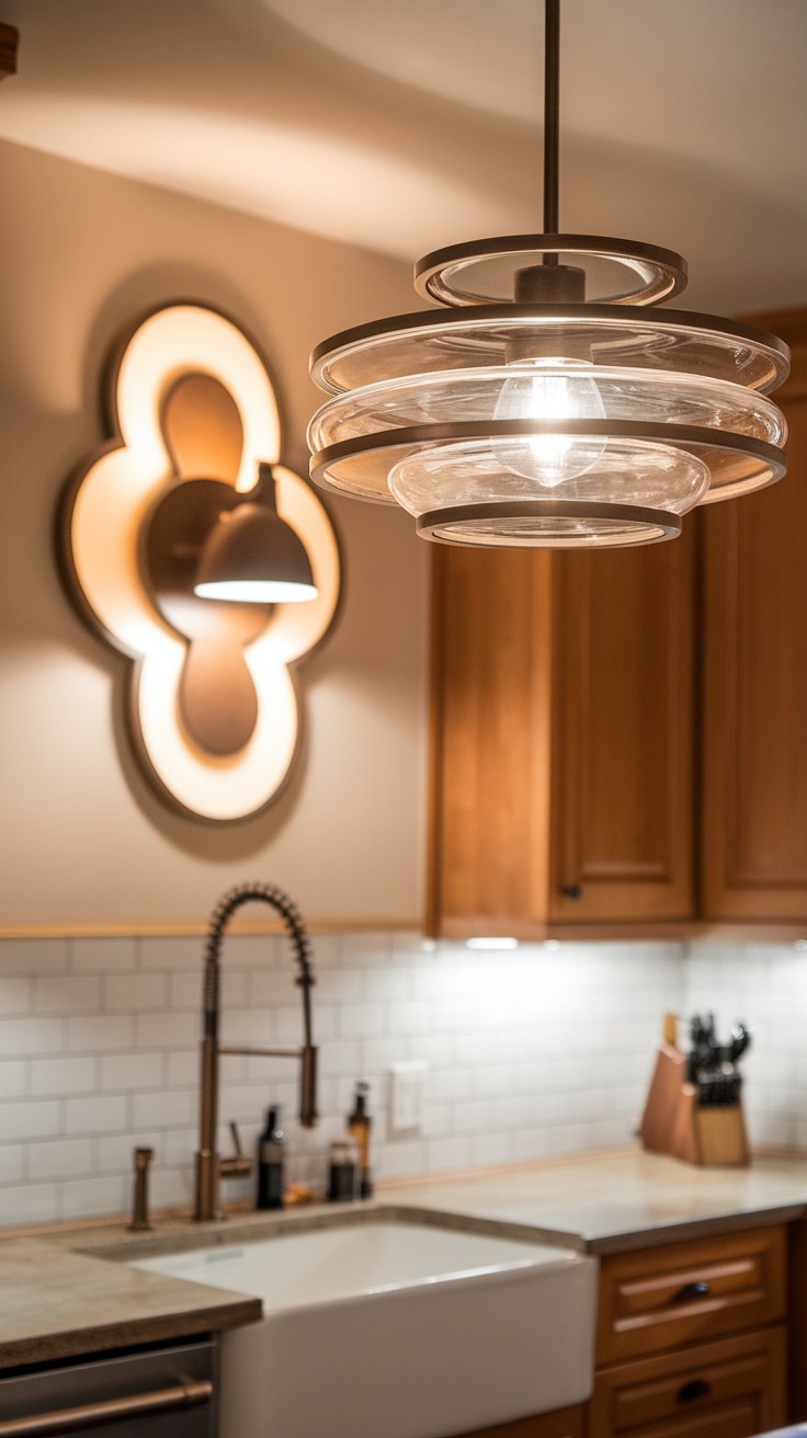 Modern kitchen lighting design featuring layered glass fixtures and stylish wall sconces.