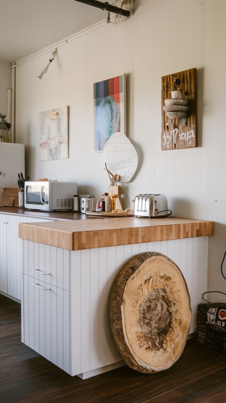 A cozy kitchen featuring personalized artwork and unique decor accents on the walls.