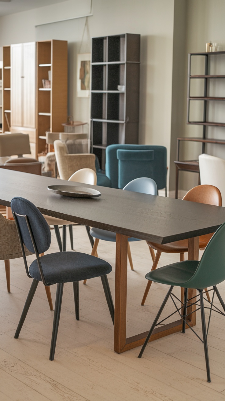 A dining table surrounded by a variety of chairs in different colors and styles.