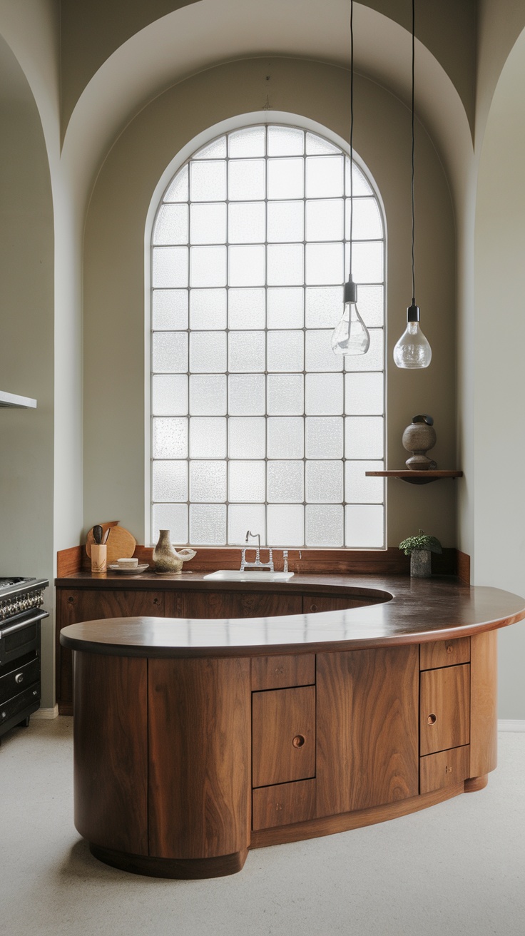 A modern kitchen featuring a curved wooden island and large windows.