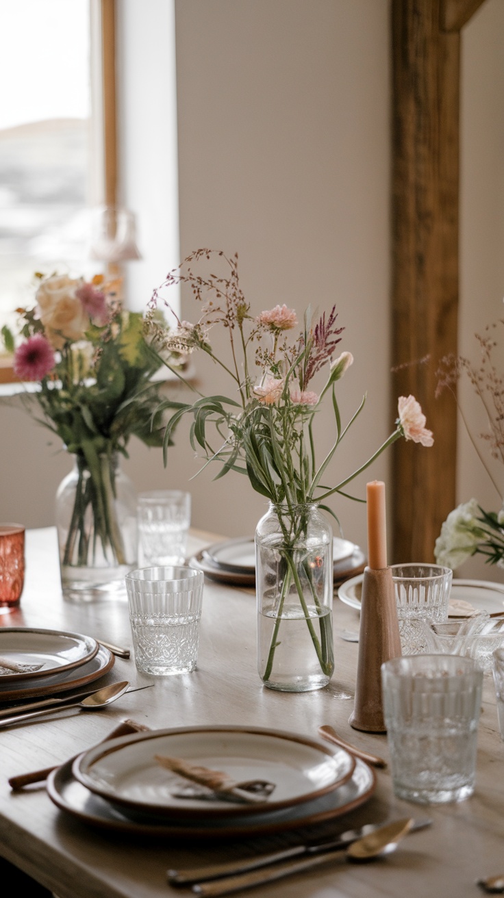 A beautifully arranged farmhouse dining table with flowers and rustic tableware.