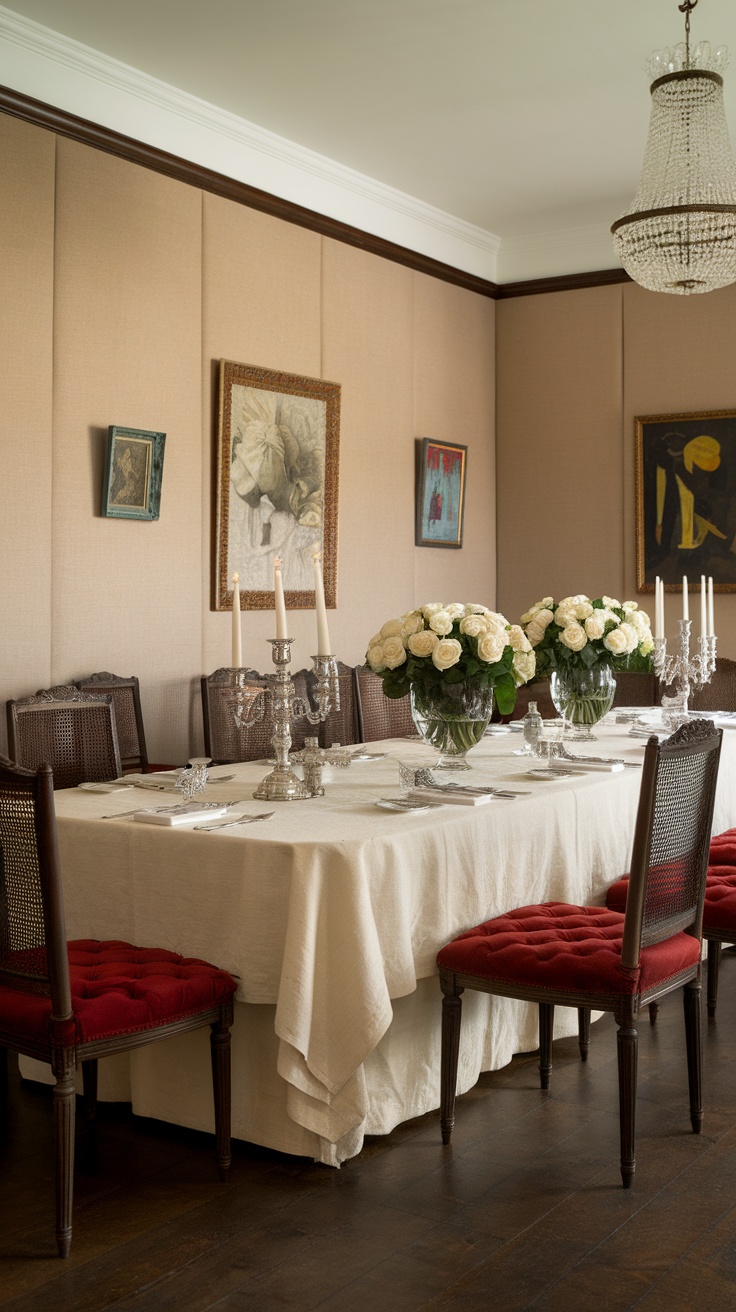 Elegant dining room featuring layered textures with fabrics, showcasing a beautiful table setting.