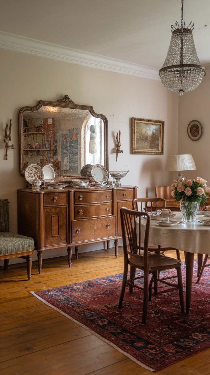 A vintage-style dining room with wooden furniture, a classic rug, and decorative plates.