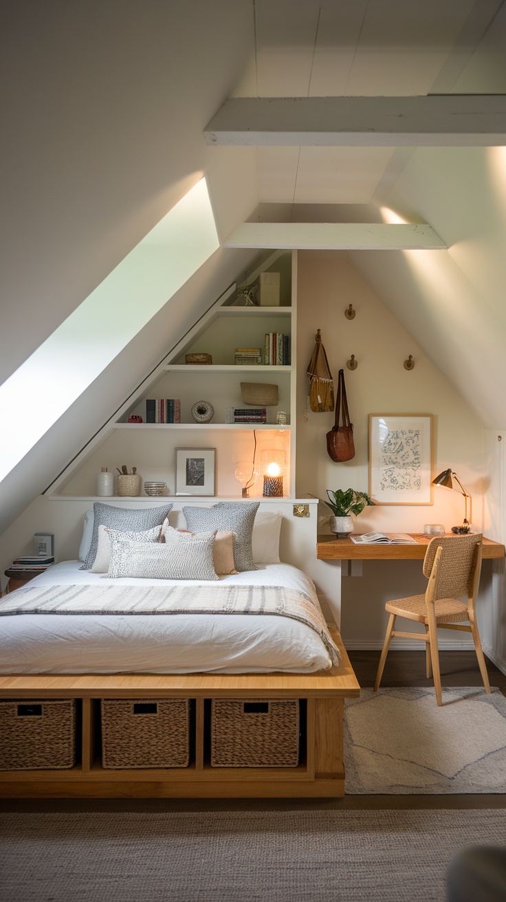 Cozy attic bedroom featuring a platform bed with storage, a desk, and warm decor.