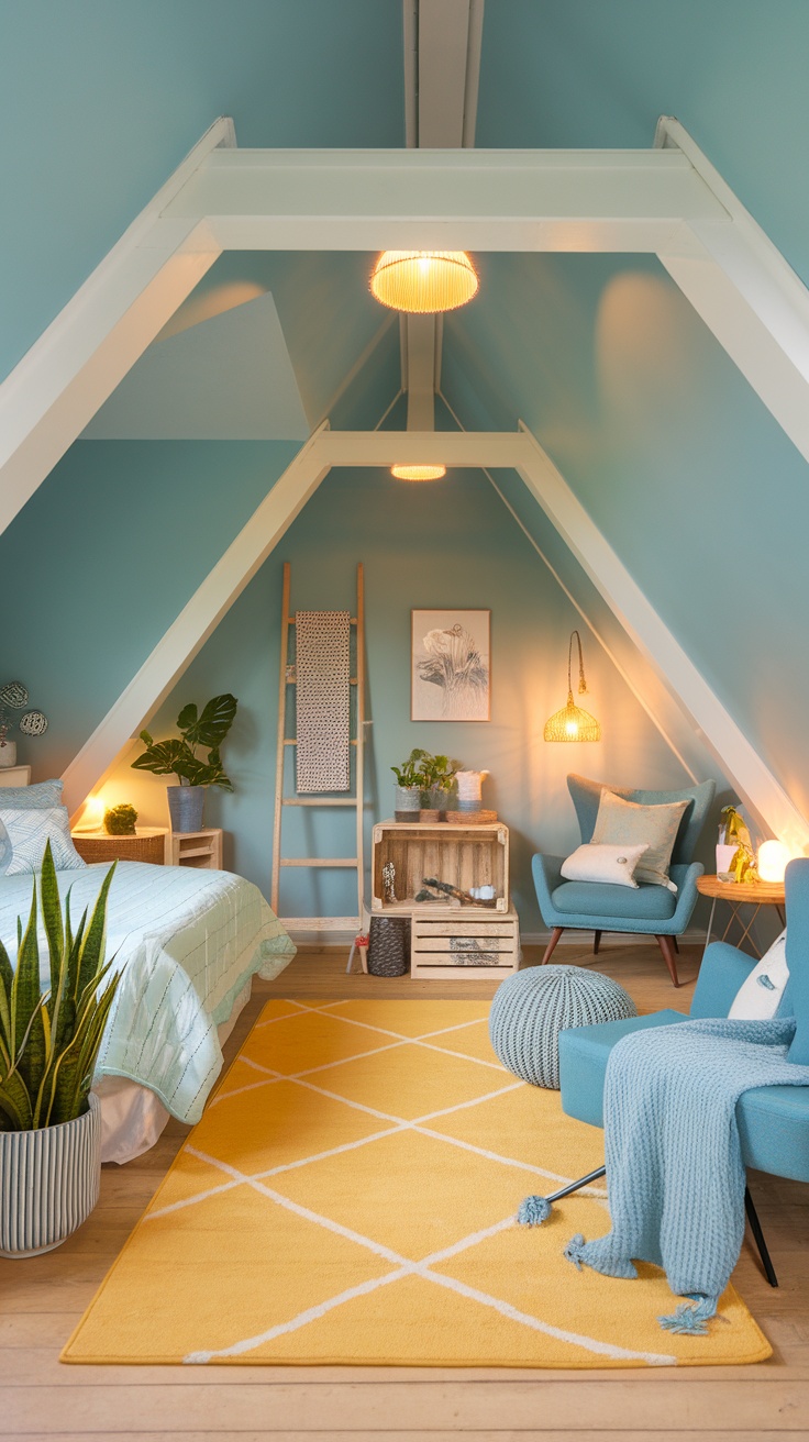 A cozy attic bedroom featuring blue walls, warm lighting, a yellow rug, and various plants.