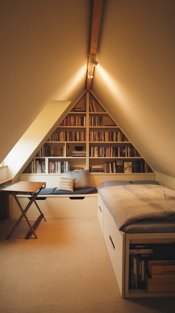 Cozy attic bedroom with a slanted ceiling, built-in bed and storage, reading nook, and small folding table.