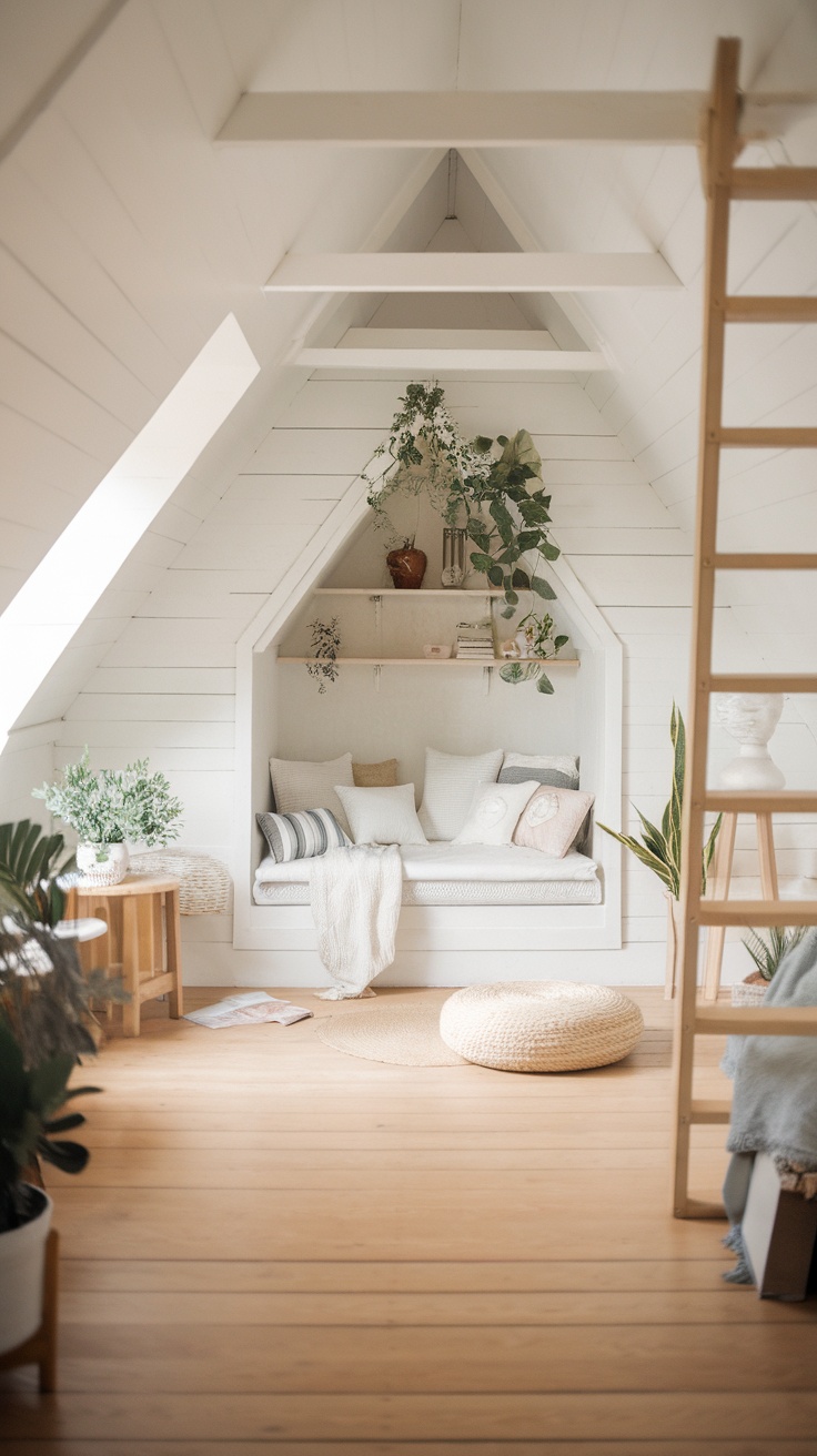 A minimalist attic bedroom with cozy seating, plants, and natural light.