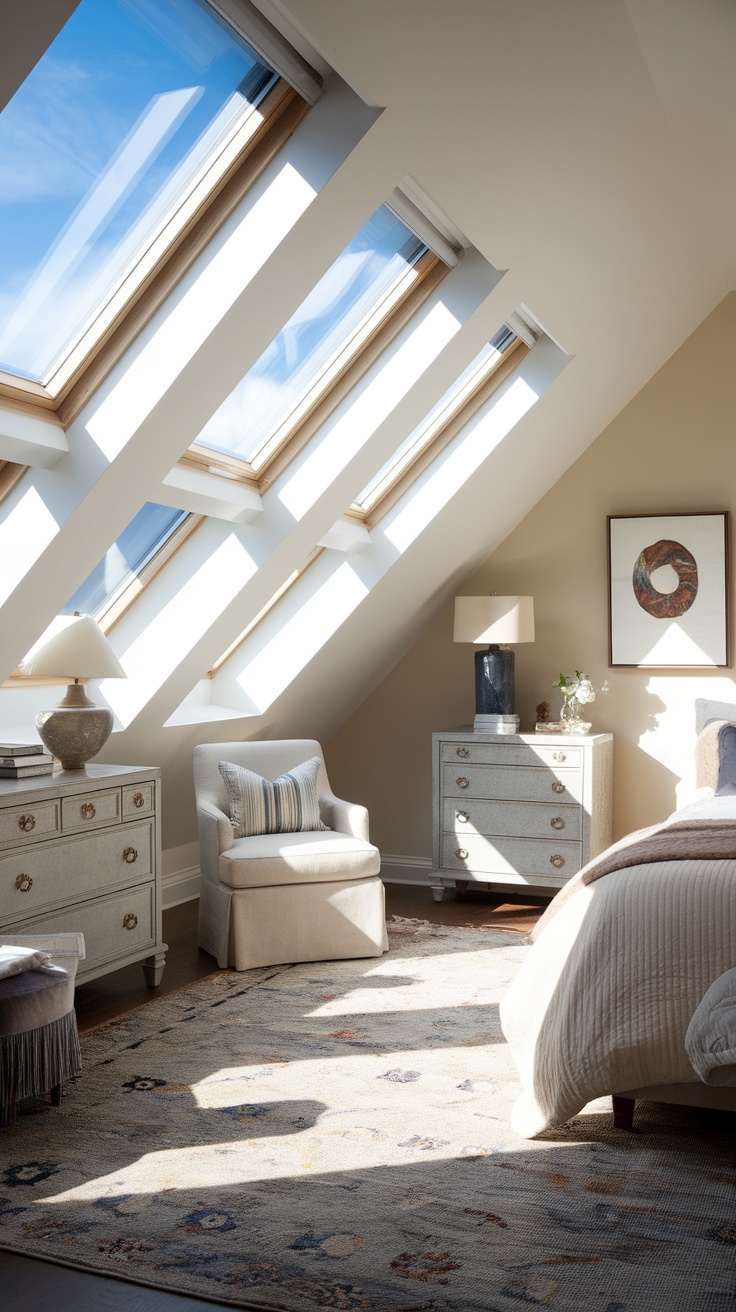 Bright attic bedroom with angled skylights and cozy furnishings