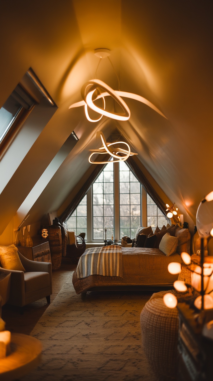 Cozy attic bedroom with modern lighting fixtures and large windows