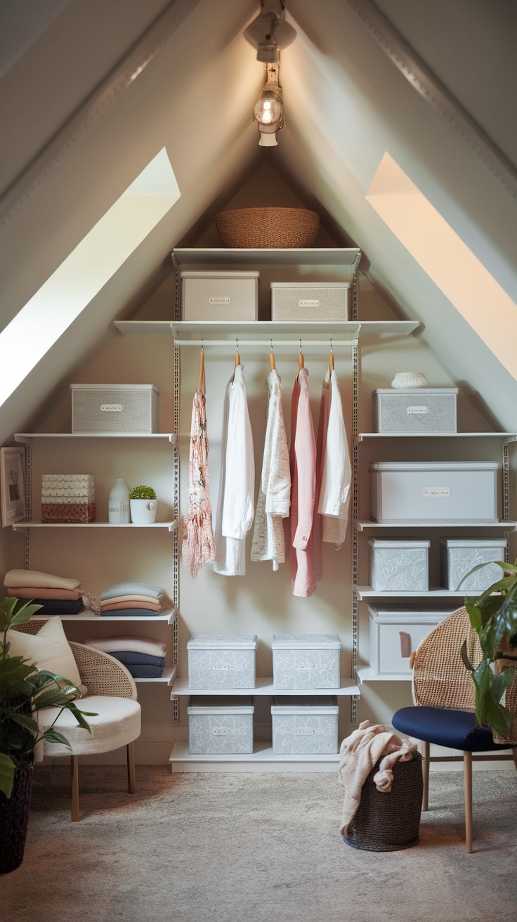 Stylish attic closet space with shelves, hanging clothes, and cozy seating