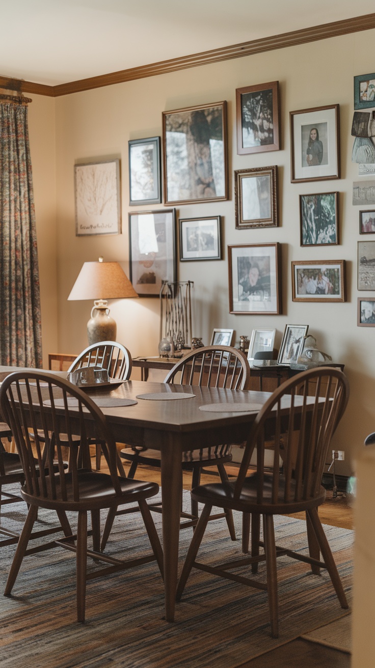 A cozy dining room featuring a wooden table and chairs, surrounded by framed family photos on the wall.