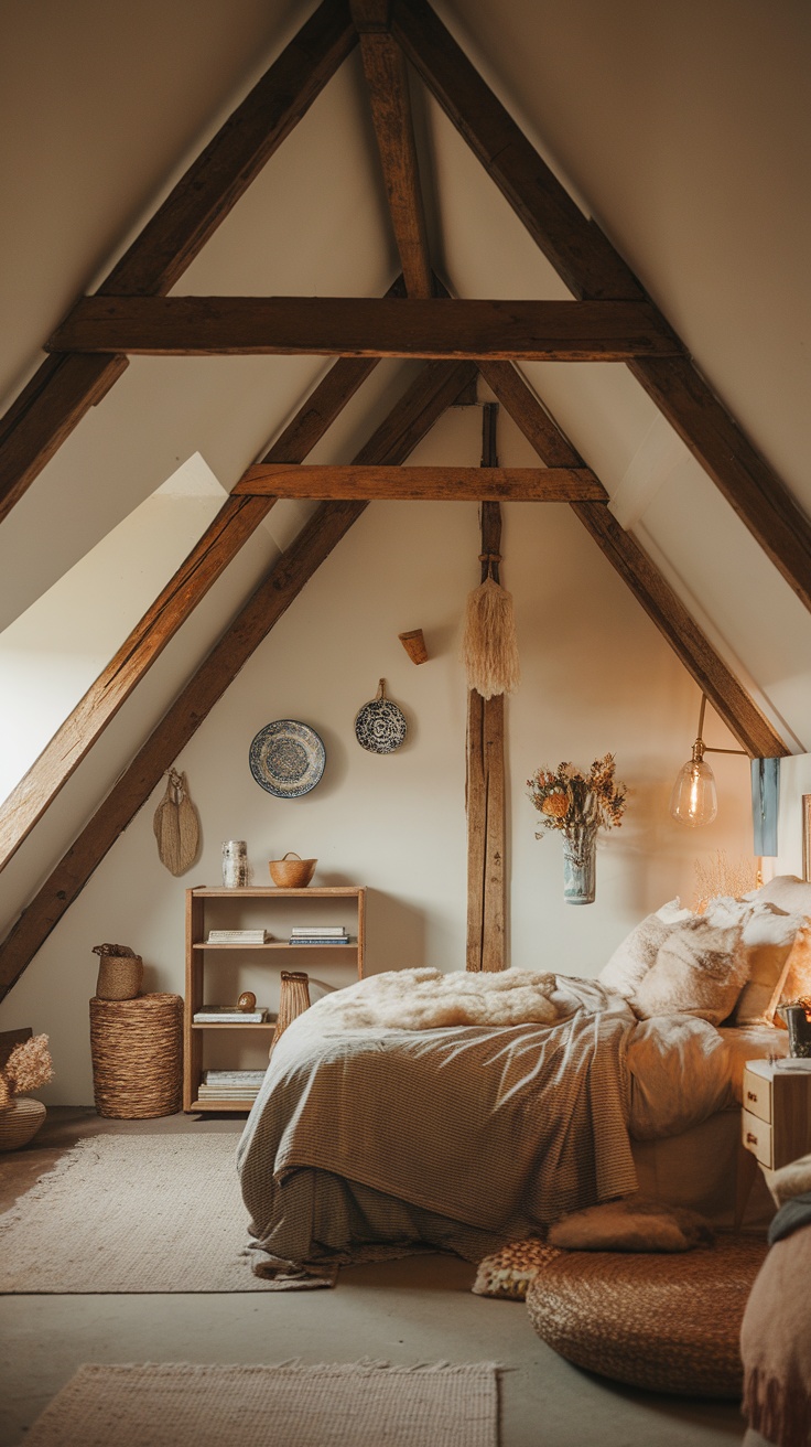 Cozy attic bedroom with exposed wooden beams and natural decor