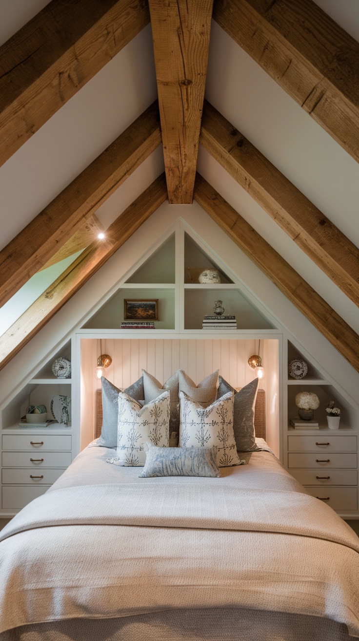 Cozy attic bedroom with sloped walls featuring built-in storage solutions, decorative pillows, and warm wooden beams.