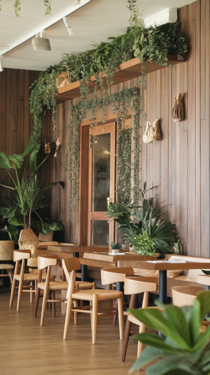 Nature-inspired dining room with wooden elements and greenery