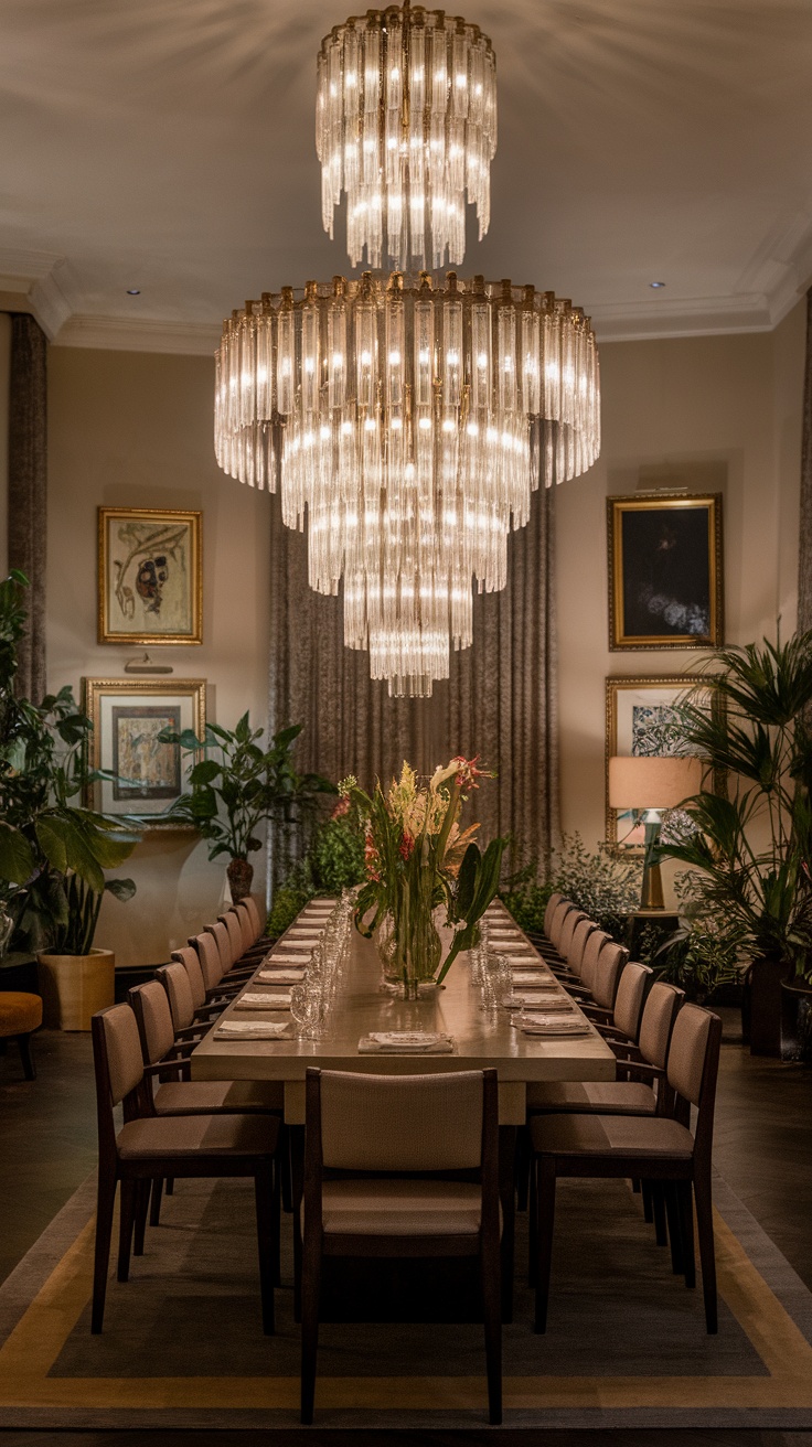 Elegant dining room with a striking chandelier and a long table set for dinner.