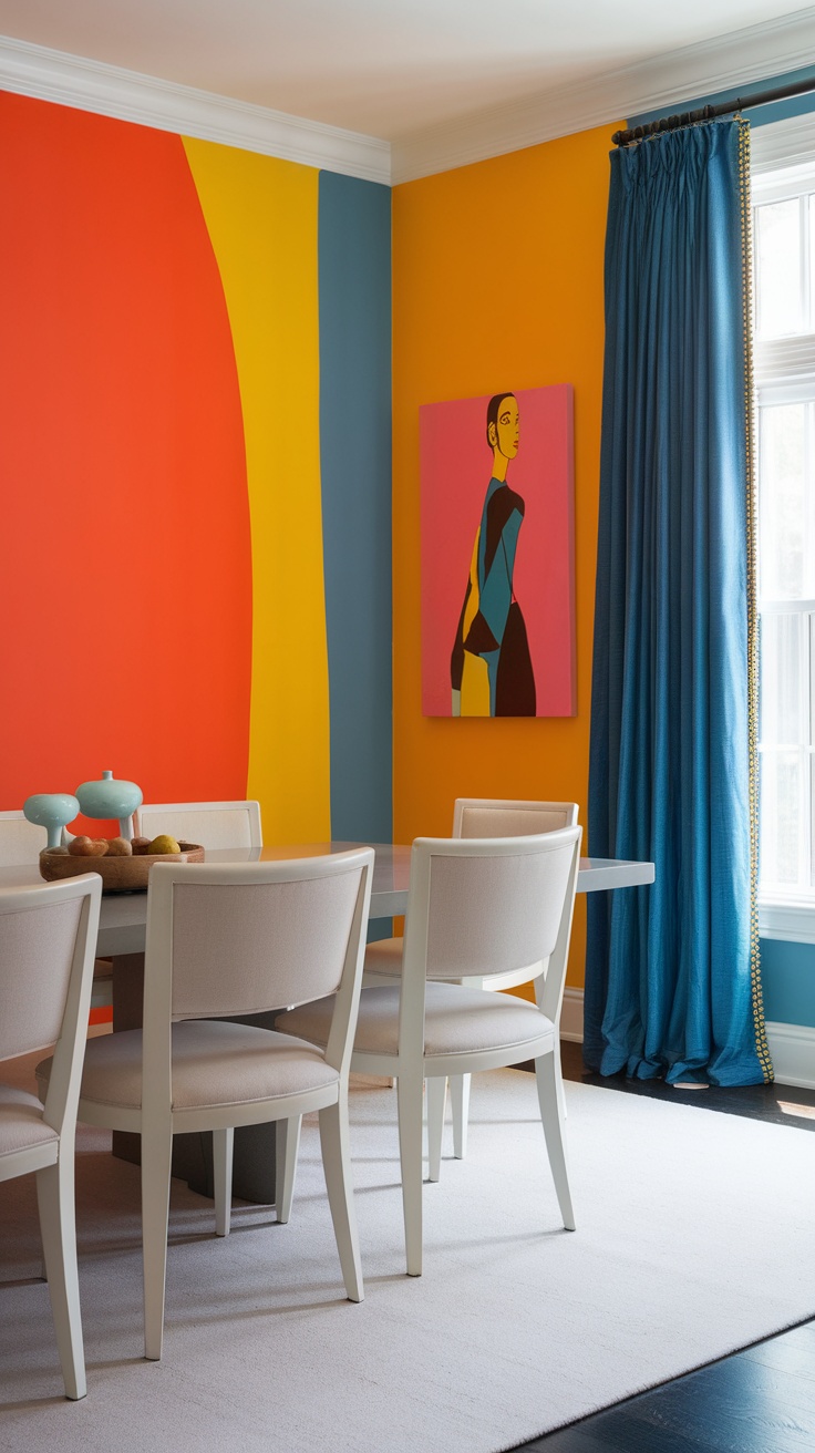 A colorful dining room with bold wall colors and modern furniture.