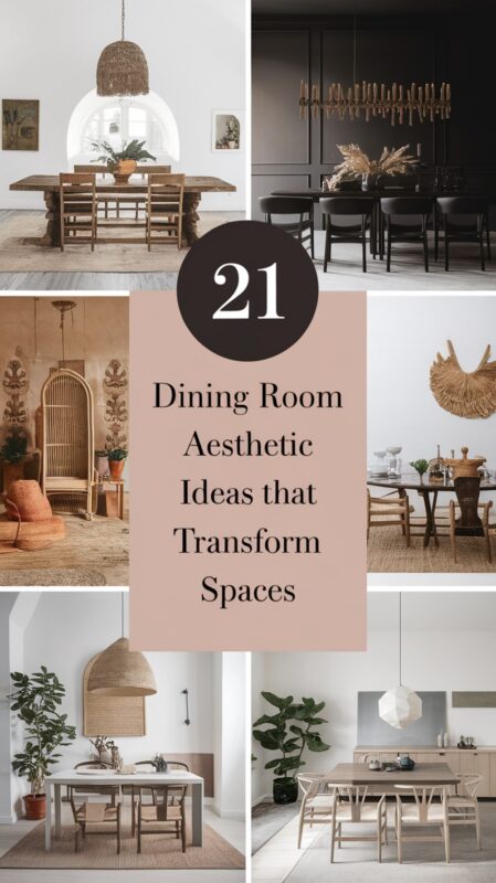 Beautifully designed dining room showcasing a cohesive aesthetic with stylish furniture, statement lighting, textural elements, and curated decor pieces that create an inviting atmosphere.