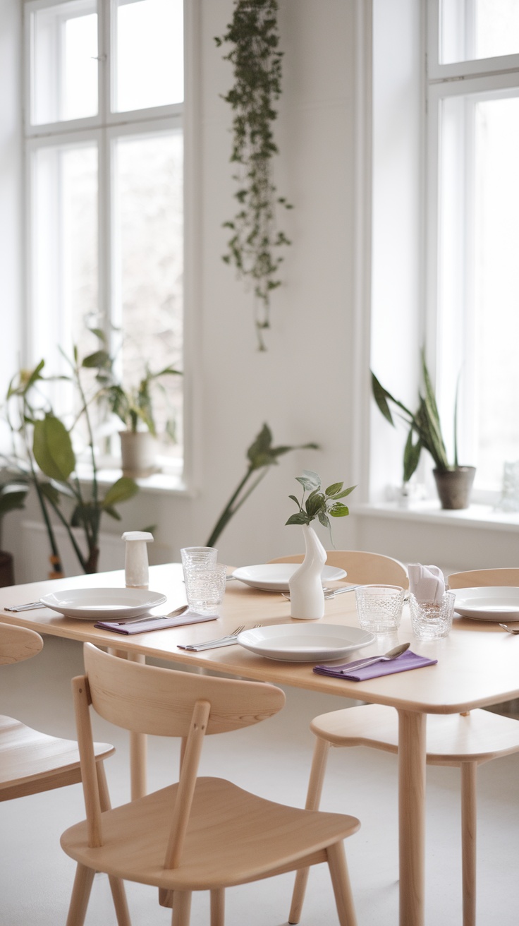 A Scandinavian dining room with a wooden table, simple chairs, and plants by the windows.