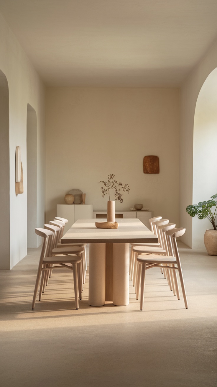 A minimalist dining room featuring a wooden table and chairs, soft neutral walls, and simple decor.