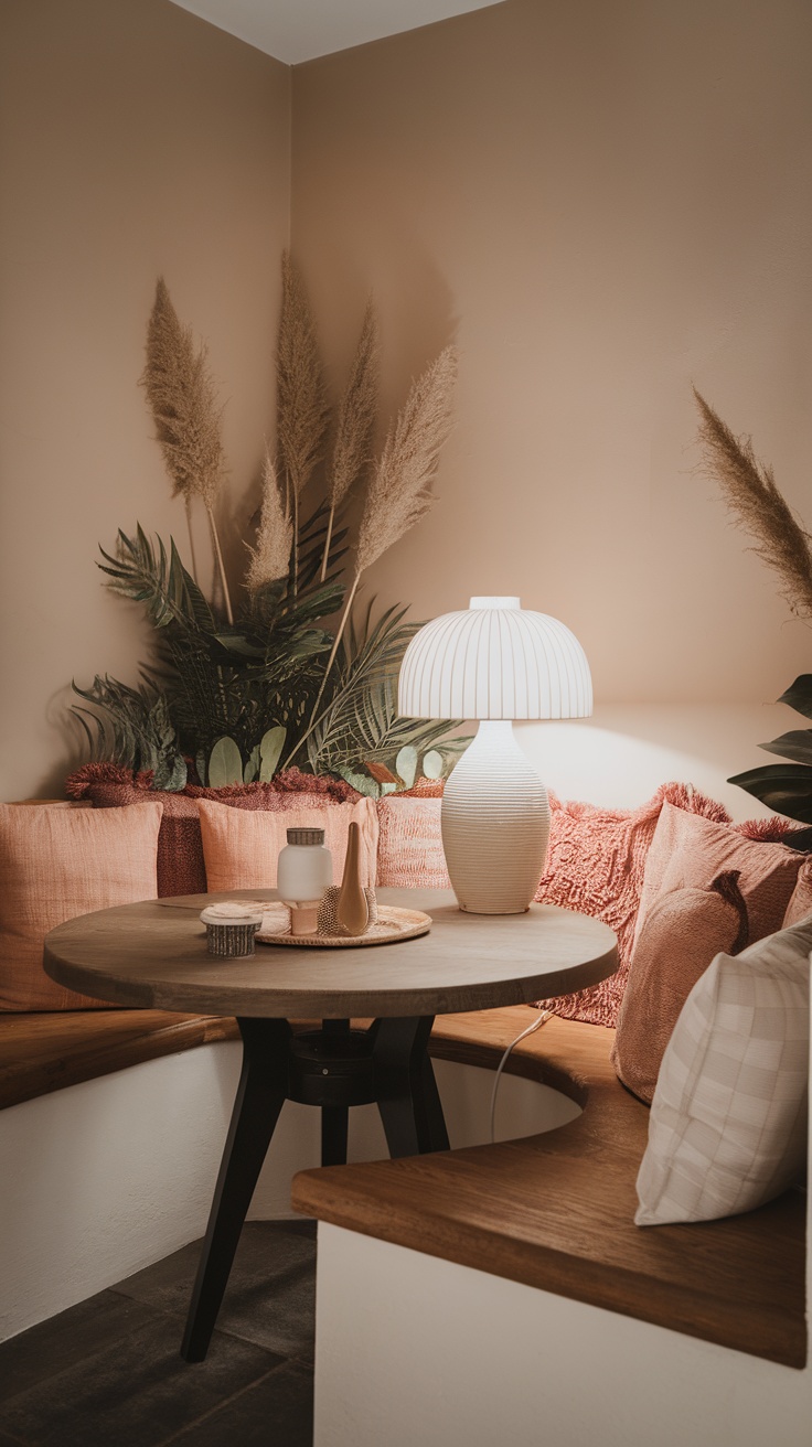 Cozy dining nook with plush cushions, round table, and soft lighting