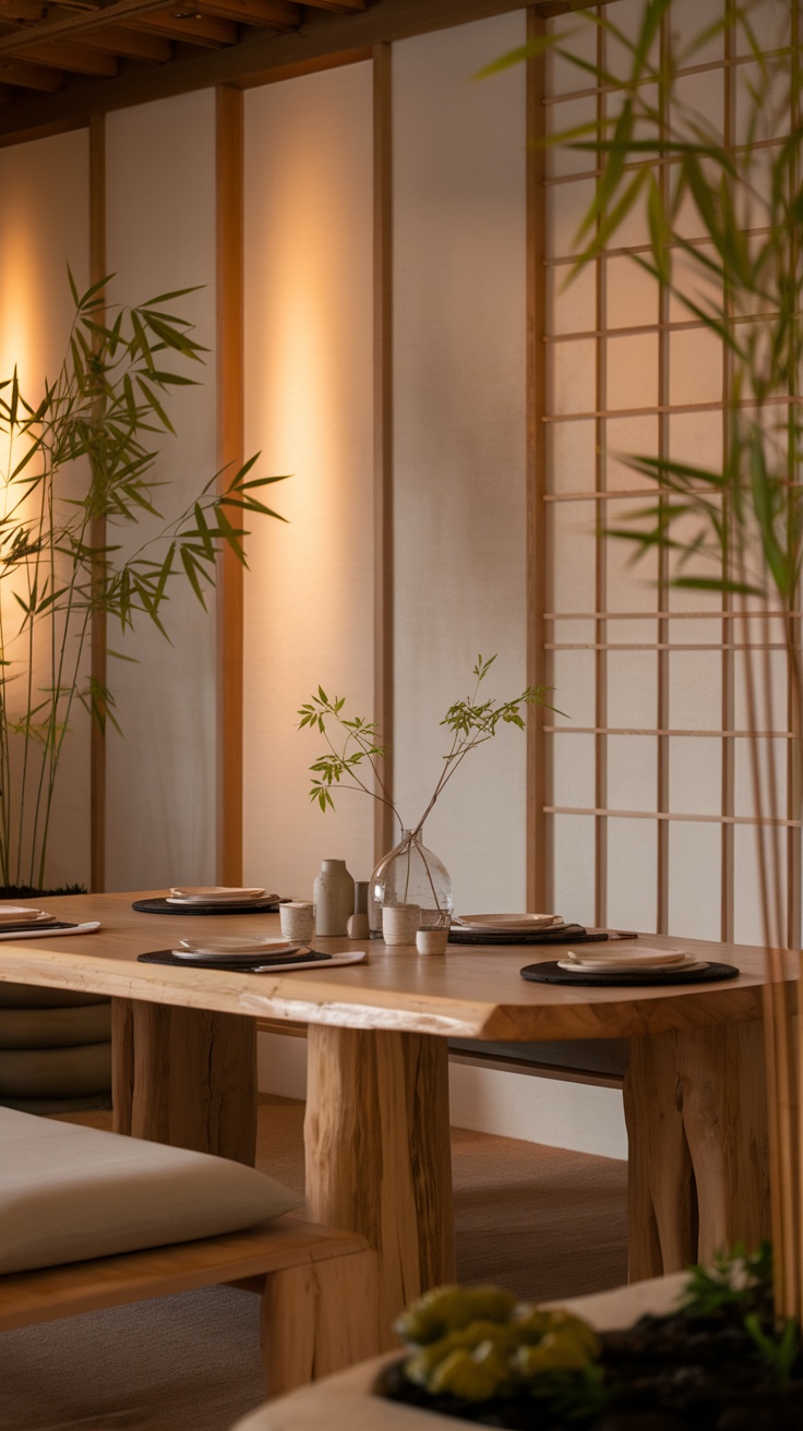 A serene Japandi dining room featuring a wooden table, cushions, and bamboo plants.