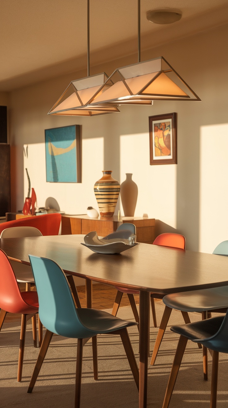 A mid-century modern dining room featuring a wooden table, colorful chairs, and unique decor accents.