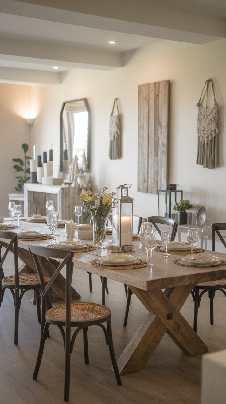 Modern farmhouse dining room with a large wooden table, rustic decor, and elegant table settings.