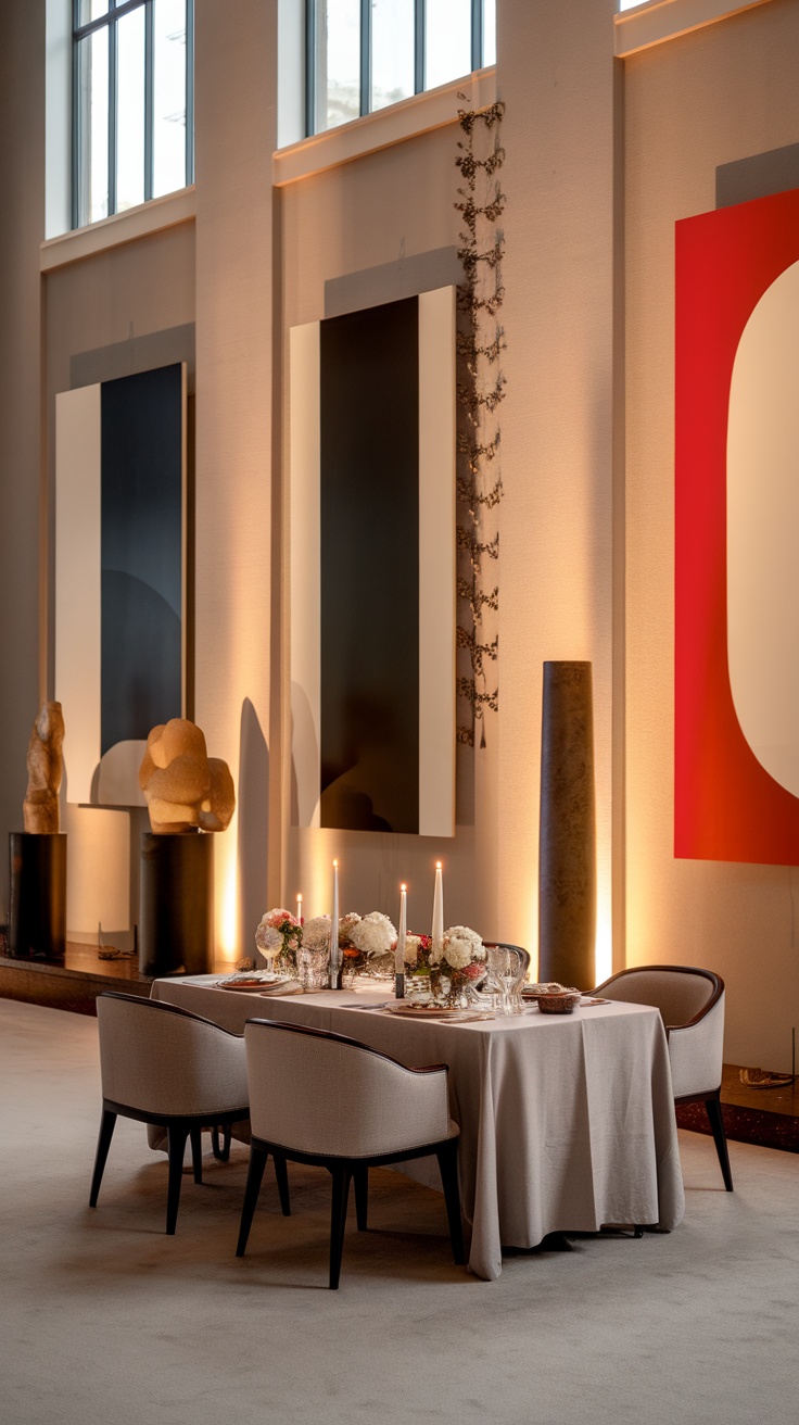 A stylish dining room with large artworks on the walls, elegantly set table with flowers and candles, and smooth lighting.