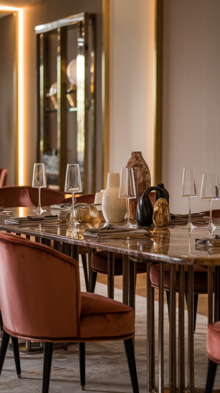 A luxurious dining room with elegant glassware and unique vases on a polished table, complemented by plush velvet chairs.