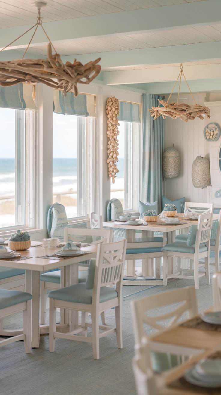 A bright coastal dining room with white furniture and blue accents, featuring large windows that overlook a beach view.