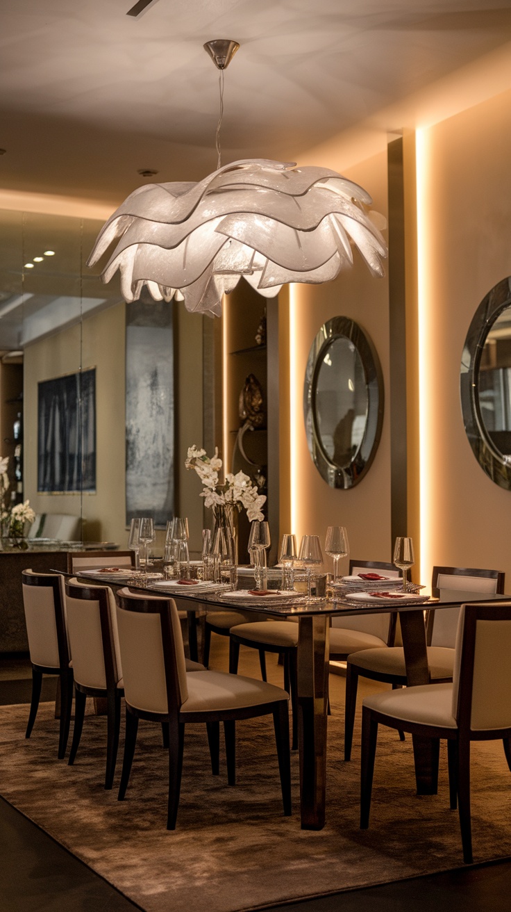 A modern dining room with a unique ceiling light fixture and elegant table setting