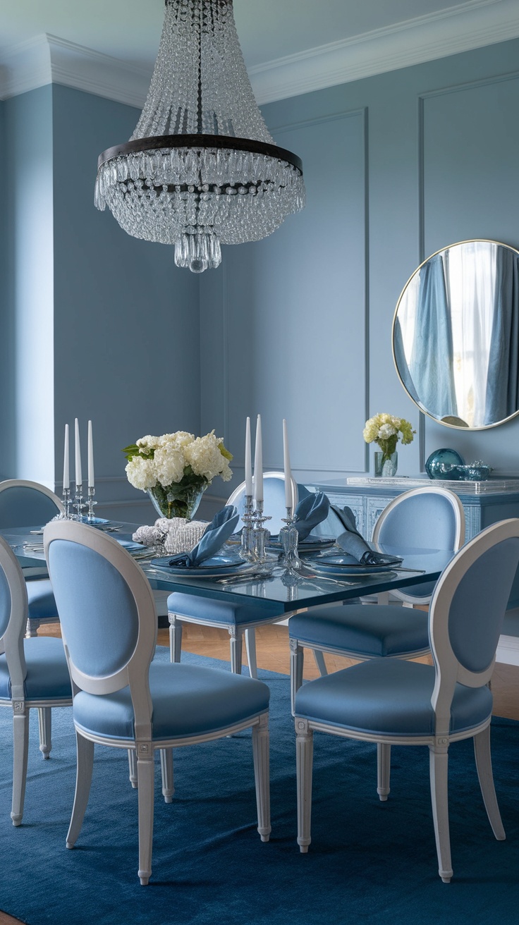 A chic monochromatic dining room featuring blue walls, a glass dining table, elegant blue chairs, a striking chandelier, and fresh flowers.
