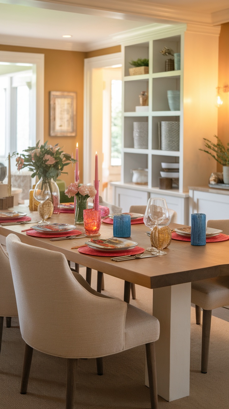 A family-friendly dining room featuring a wooden table set with colorful plates and candles, surrounded by comfortable chairs and stylish storage.