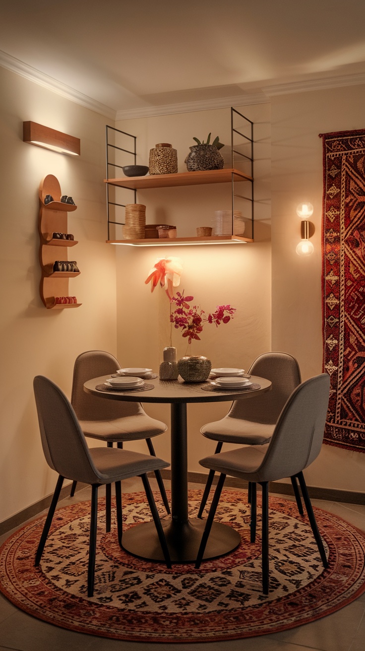 Cozy small space dining room with a round table, sleek chairs, and decorative elements.
