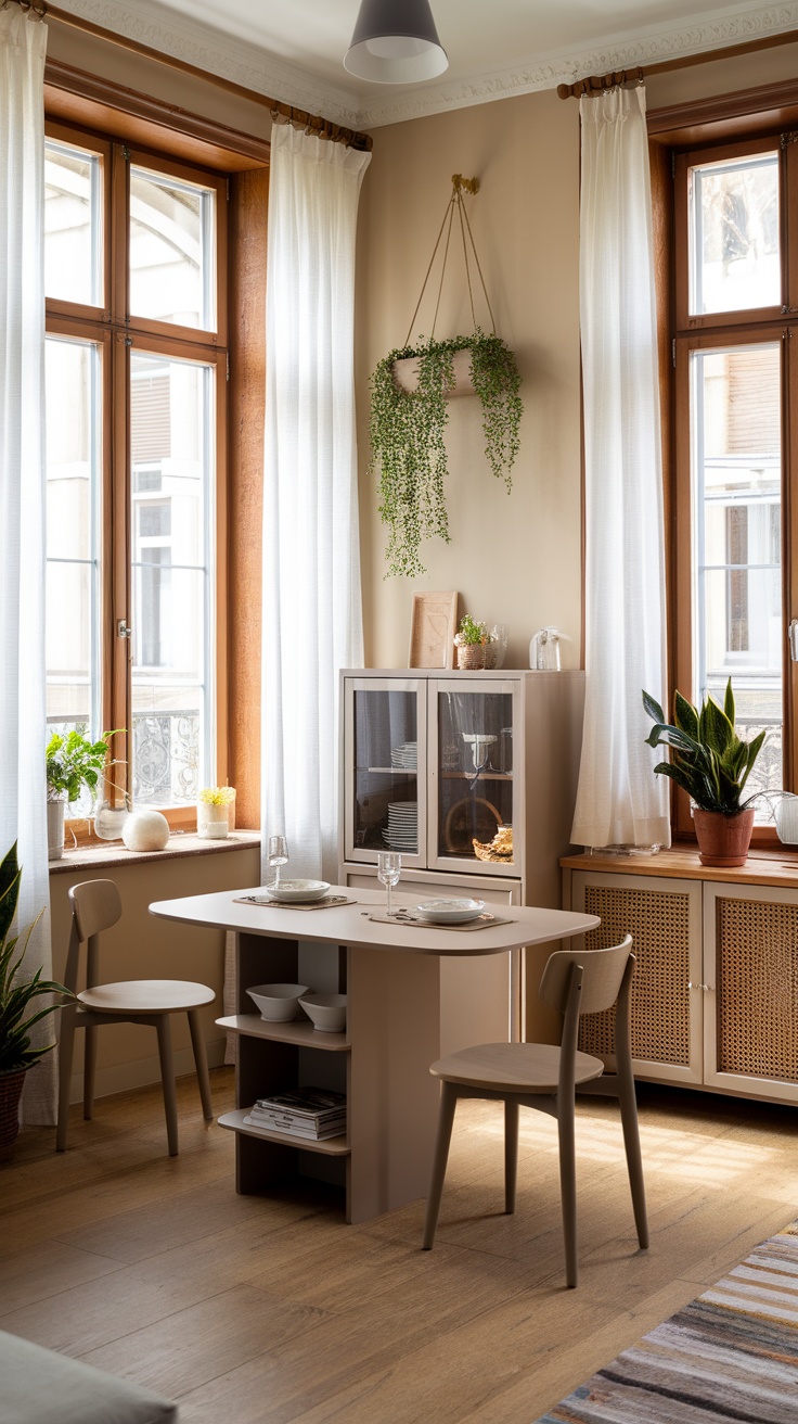 A cozy dining area in an apartment featuring a round table, two chairs, and plants near large windows.