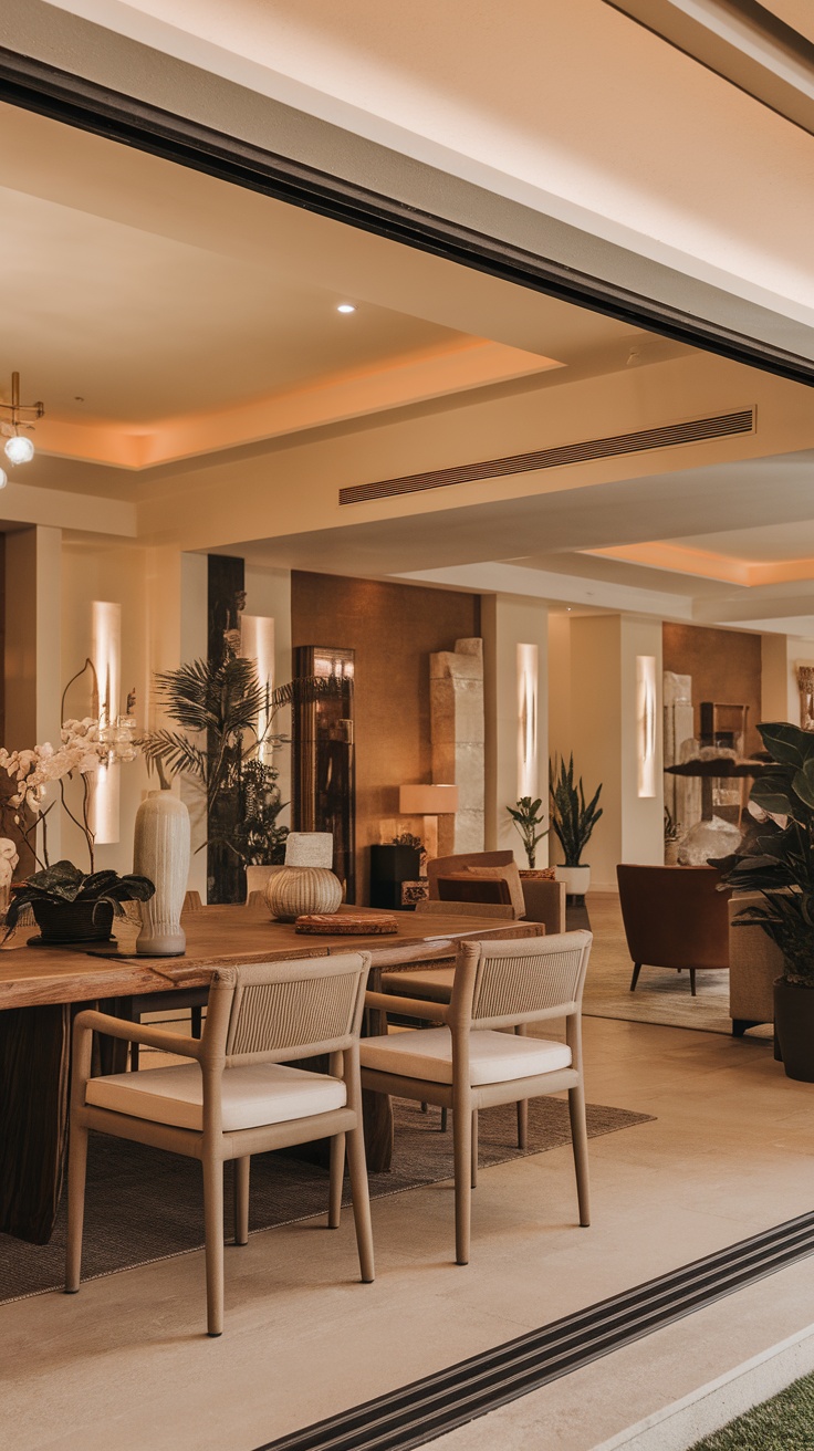A beautifully arranged dining room in an open concept layout, featuring a wooden table and stylish chairs, surrounded by plants and warm lighting.
